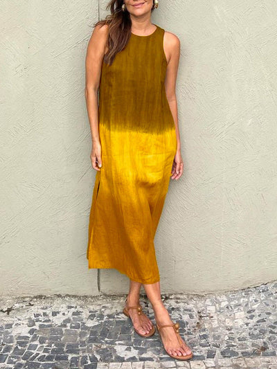 Women's Casual Sleeveless Cotton Linen Dress Long Tie-dye Gradient Slit
