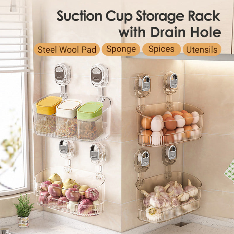 Suction Cup Storage Rack With Drain Hole For Bathroom Kitchen