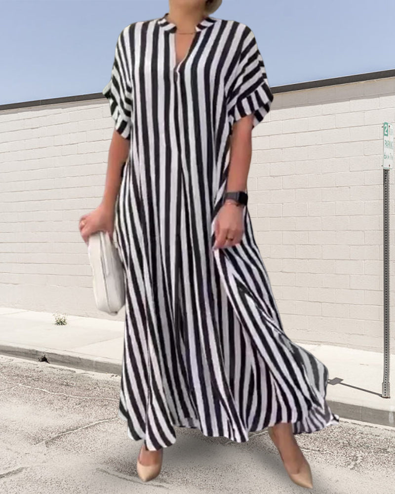 V-neck Shirt Dress Stripe Print Casual Elegant Summer Wear