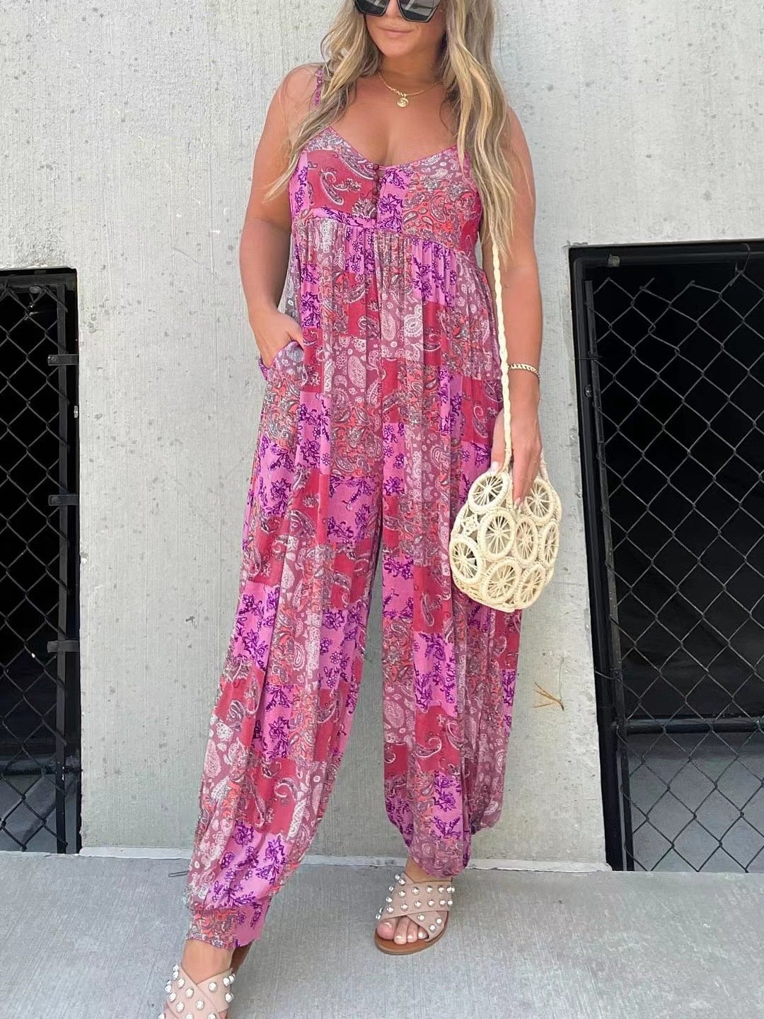 Cooper Patchwork Loose Fit Print Jumpsuit For Women