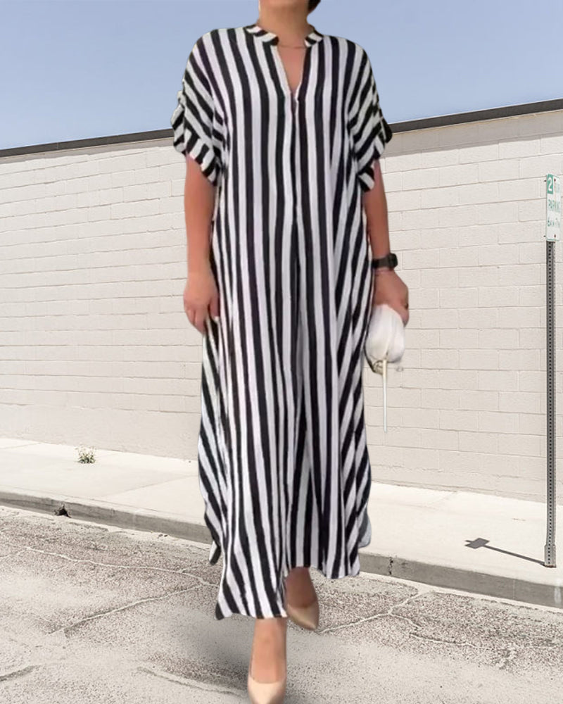 V-neck Shirt Dress Stripe Print Casual Elegant Summer Wear