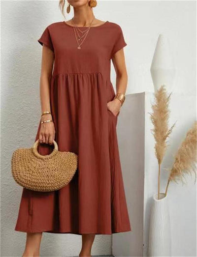 Cotton Linen Sleeveless Dress Loose Fit Solid Color With Pocket