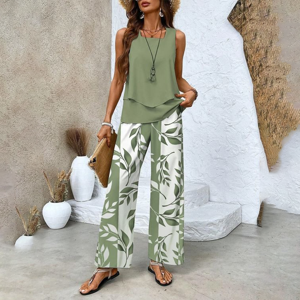 Women's 2 Piece Outfits Sleeveless Top And Pants Trendy Print