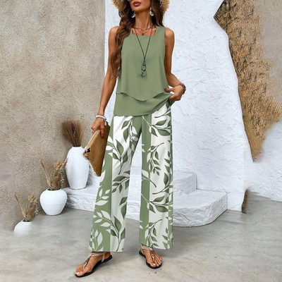 Women's 2 Piece Outfits Sleeveless Top And Pants Trendy Print