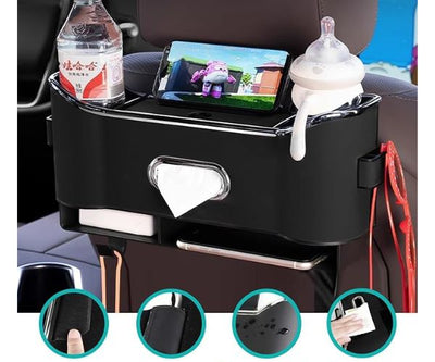 Car Headrest Storage Box With 2 Hooks Flocking Backseat Organizer