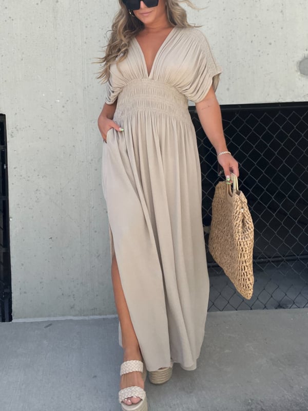 V-neck Slit Ultra Long Dress Elegant Casual Style Evening Gown