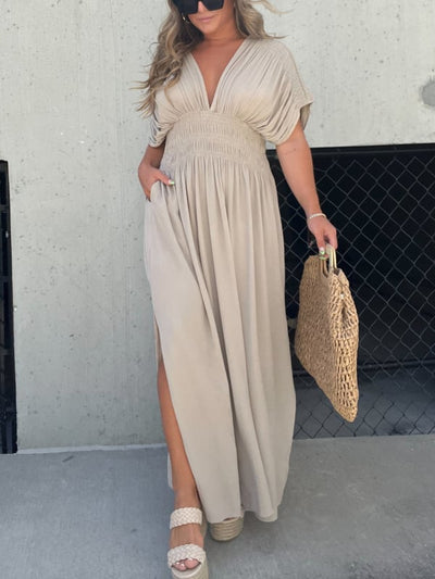 V-neck Slit Ultra Long Dress Elegant Casual Style Evening Gown