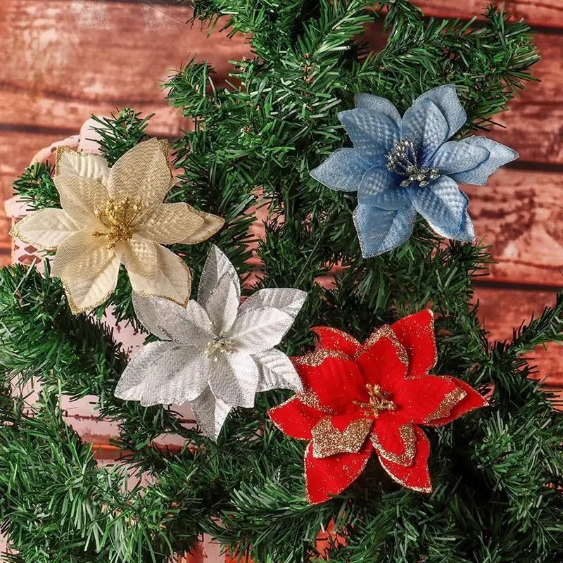 Christmas Artificial Poinsettia Flower Ornaments For Holiday Home Decor
