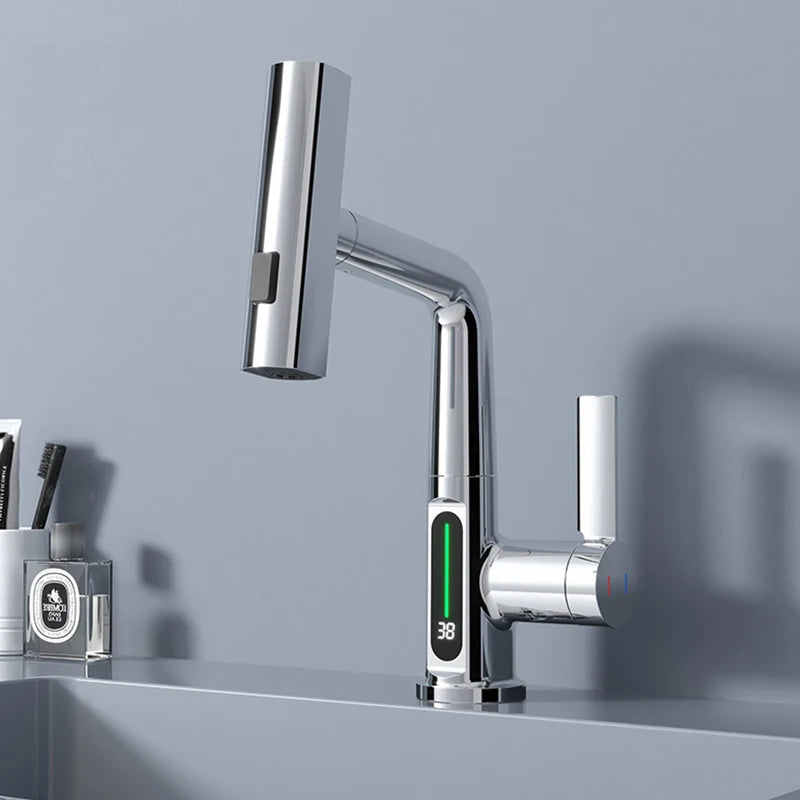 Intelligent Kitchen Faucet Brass Rotatable With Digital Display And Spray Modes