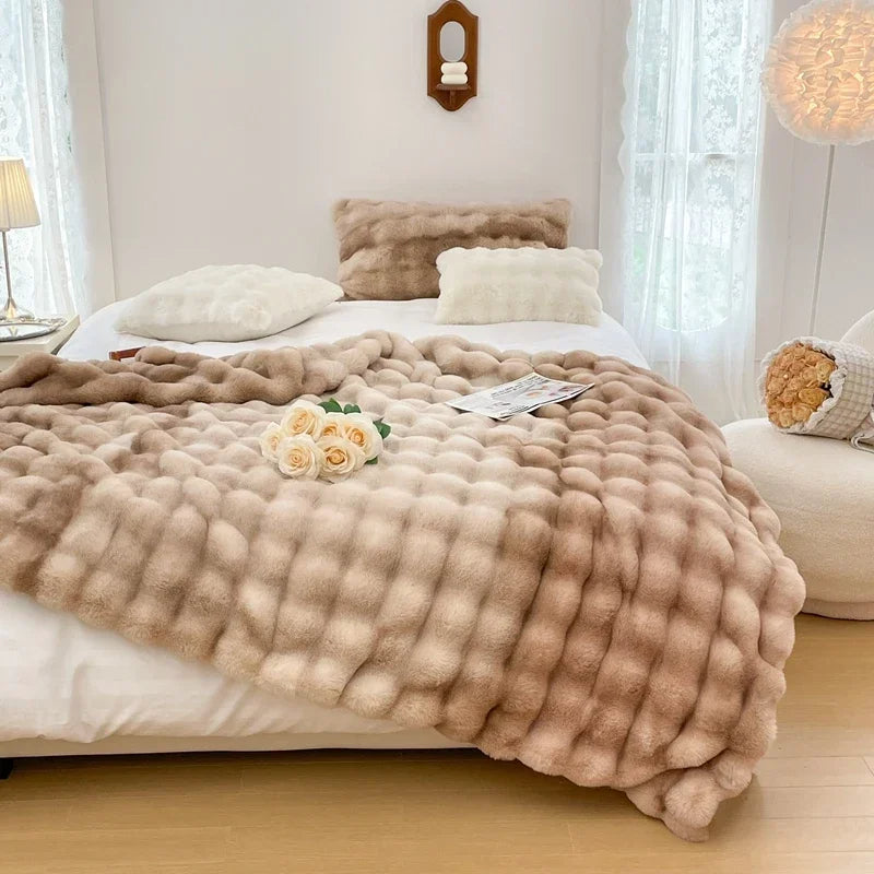 Faux Fur Blanket Plush Rabbit Double Layer Cozy Bedspread For Sofa
