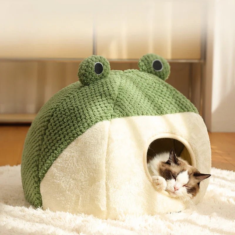 Frog-Themed Cat Bed Plush Semi-Enclosed Nest For Cats And Small Dogs