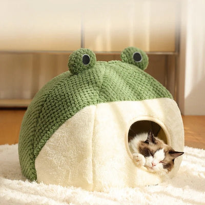 Frog-Themed Cat Bed Plush Semi-Enclosed Nest For Cats And Small Dogs