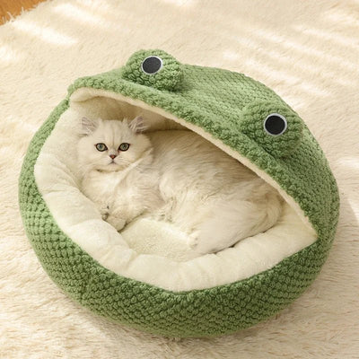 Frog-Themed Cat Bed Plush Semi-Enclosed Nest For Cats And Small Dogs