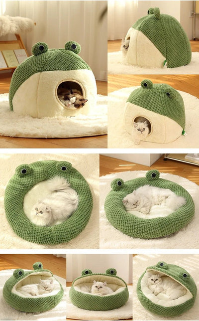 Frog-Themed Cat Bed Plush Semi-Enclosed Nest For Cats And Small Dogs