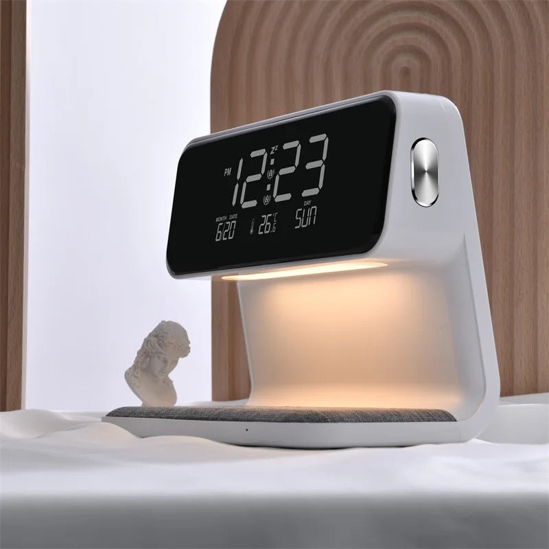 3-in-1 Bedside Lamp With Wireless Charger And LCD Alarm Clock