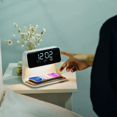 3-in-1 Bedside Lamp With Wireless Charger And LCD Alarm Clock