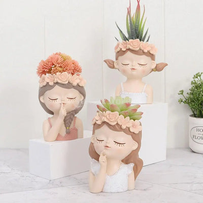 Girl Head Planter Resin Vase For Succulents Artistic Indoor Decor Pot