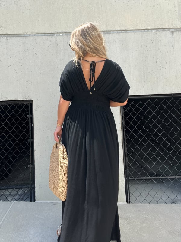 V-neck Slit Ultra Long Dress Elegant Casual Style Evening Gown