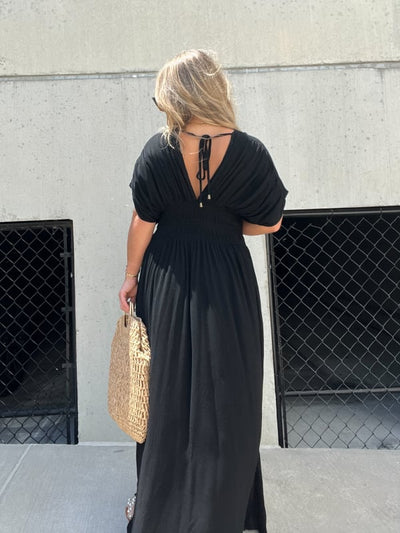 V-neck Slit Ultra Long Dress Elegant Casual Style Evening Gown