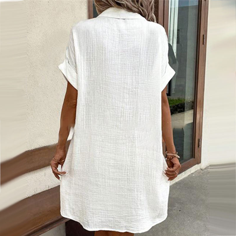 Women's Casual Shirt Dress Buttoned Short Sleeve With Pocket