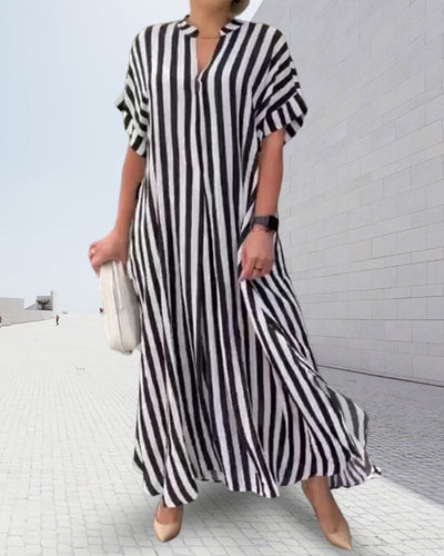 V-neck Shirt Dress Stripe Print Casual Elegant Summer Wear
