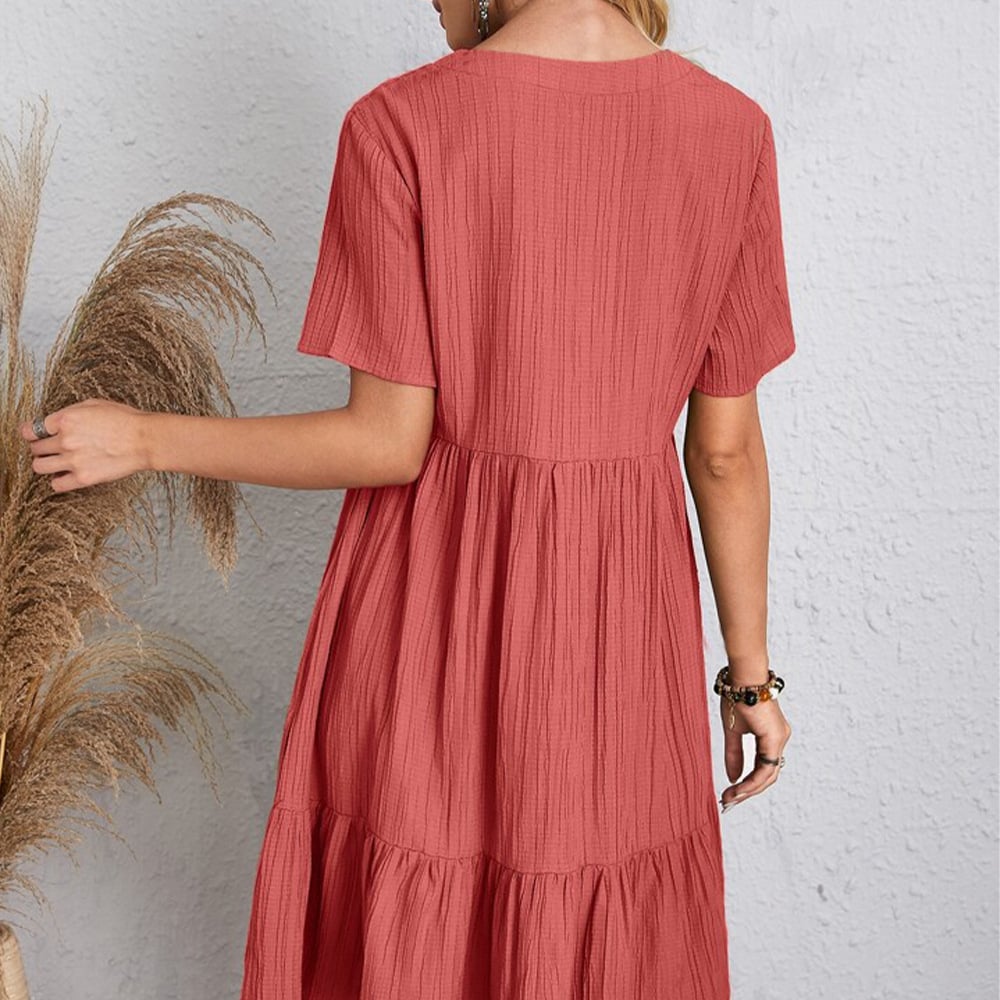 Retro Casual Dress V Neck Loose Fit Comfortable Summer Wear