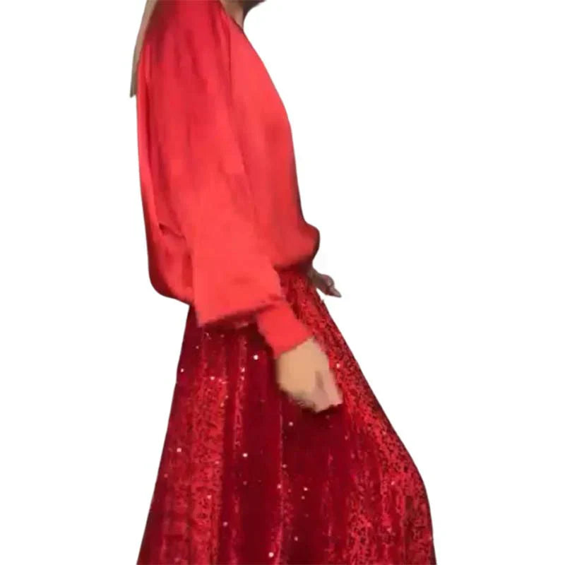 Women's Sequin Maxi Skirt Two-Piece Set Long Sleeve Top