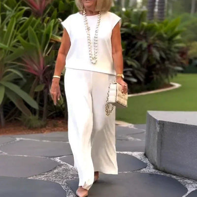 Women's Sleeveless Top And Pants Set Crew Neck Stylish Outfit