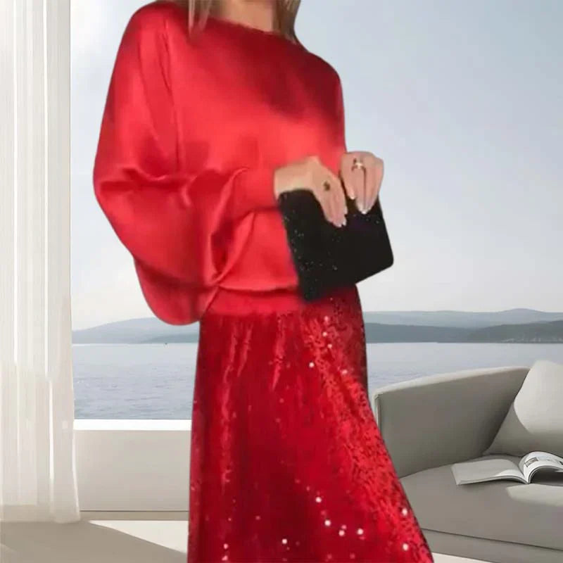 Women's Sequin Maxi Skirt Two-Piece Set Long Sleeve Top