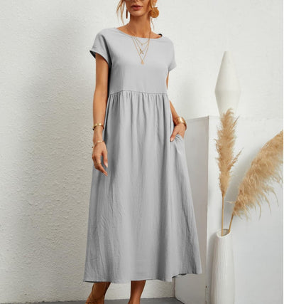Cotton Linen Sleeveless Dress Loose Fit Solid Color With Pocket