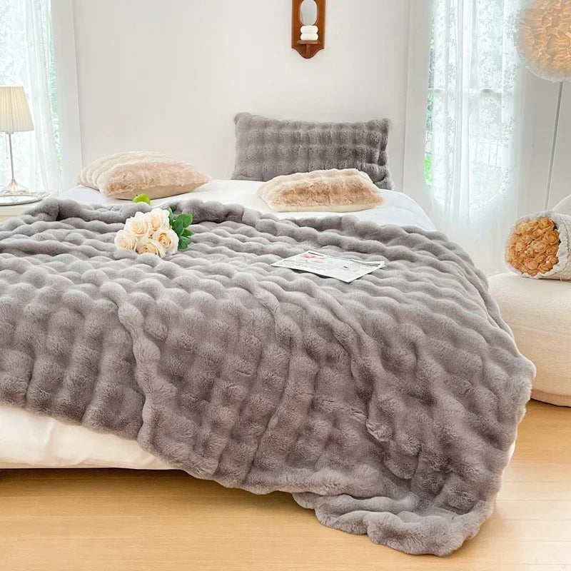 Faux Fur Blanket Plush Rabbit Double Layer Cozy Bedspread For Sofa