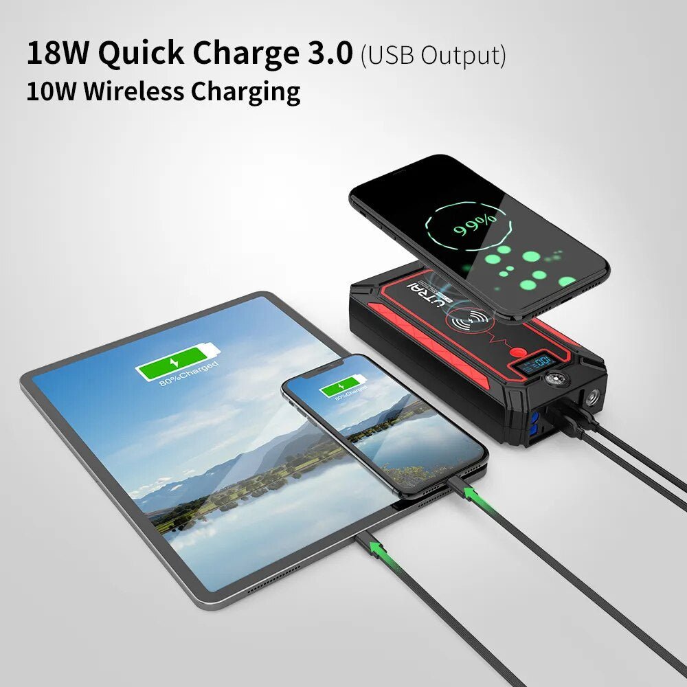 Digital Car Jump Starter With Wireless Charging And LCD Screen Portable Battery