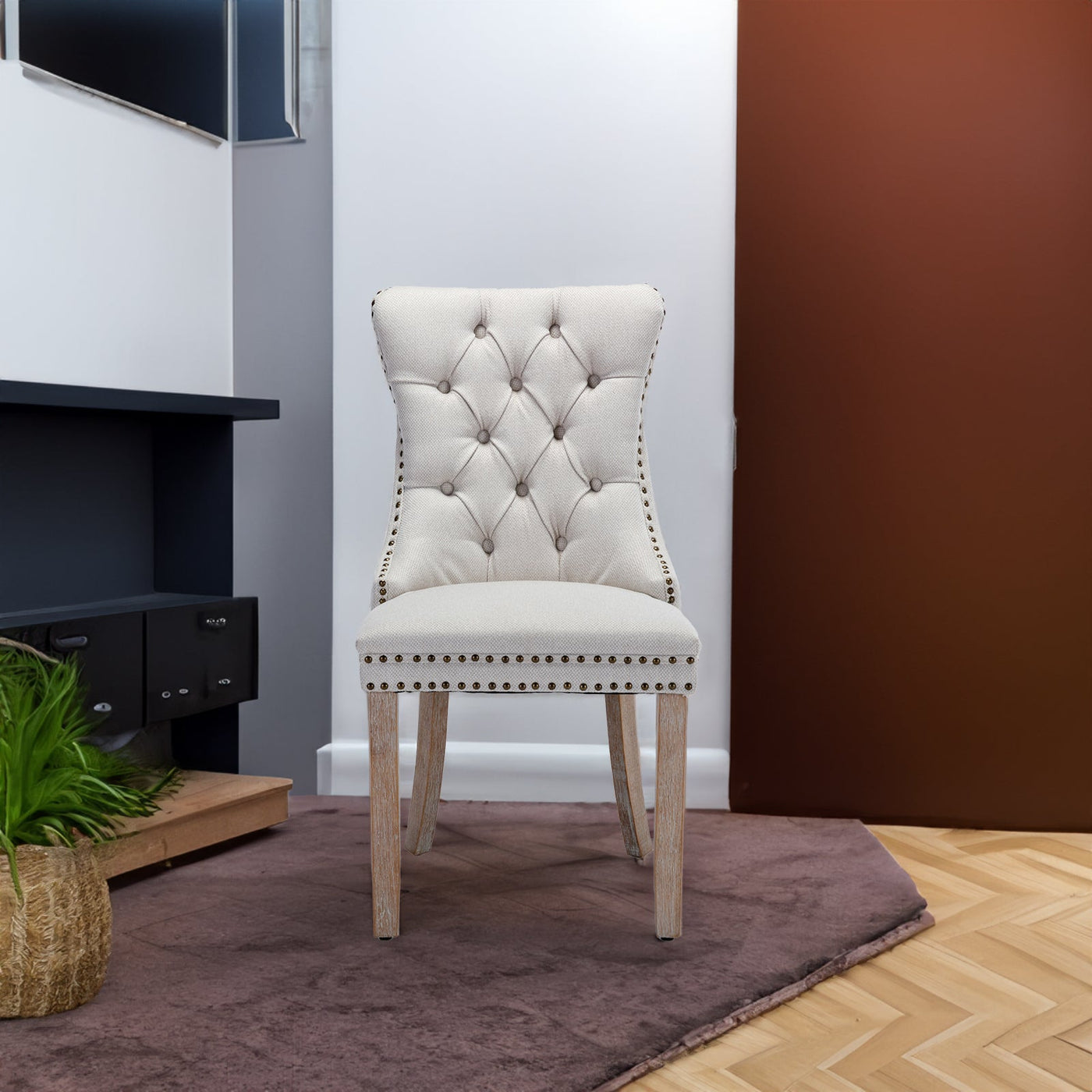 Tufted Dining Chair Solid Wood Flax Upholstered Wood Legs 2pcs Set