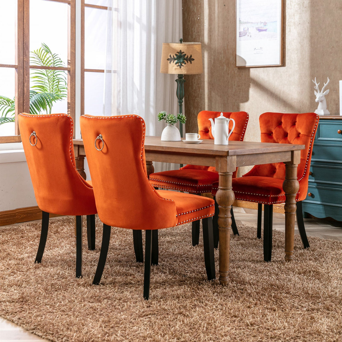 Tufted Dining Chair Solid Wood Flax Upholstered Wood Legs 2pcs Set