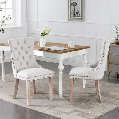 Tufted Dining Chair Solid Wood Flax Upholstered Wood Legs 2pcs Set