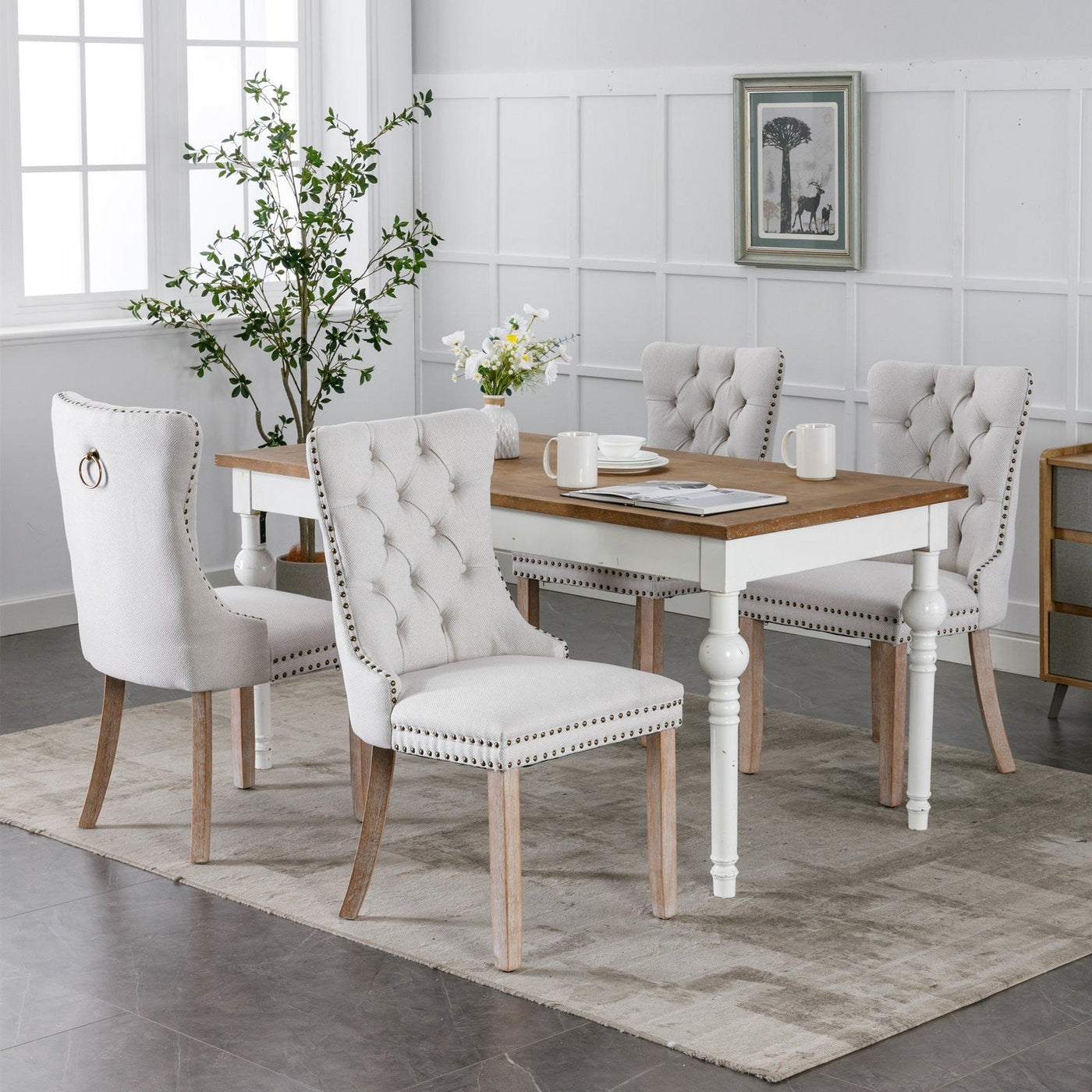 Tufted Dining Chair Solid Wood Flax Upholstered Wood Legs 2pcs Set