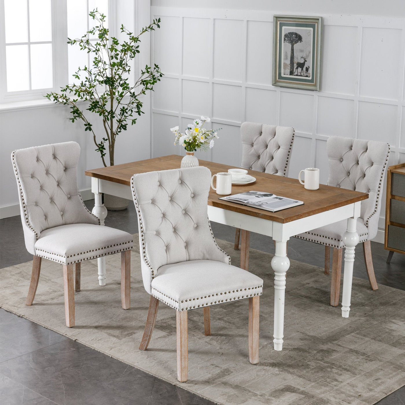 Tufted Dining Chair Solid Wood Flax Upholstered Wood Legs 2pcs Set