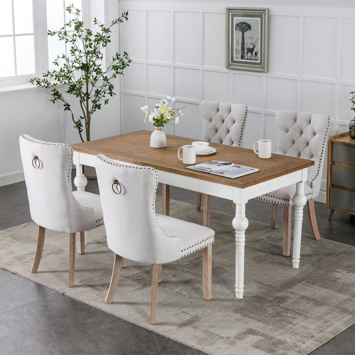Tufted Dining Chair Solid Wood Flax Upholstered Wood Legs 2pcs Set