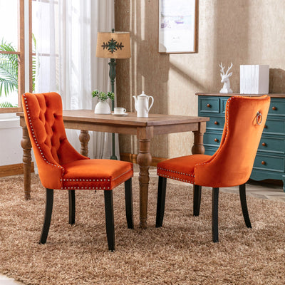 Tufted Dining Chair Solid Wood Flax Upholstered Wood Legs 2pcs Set