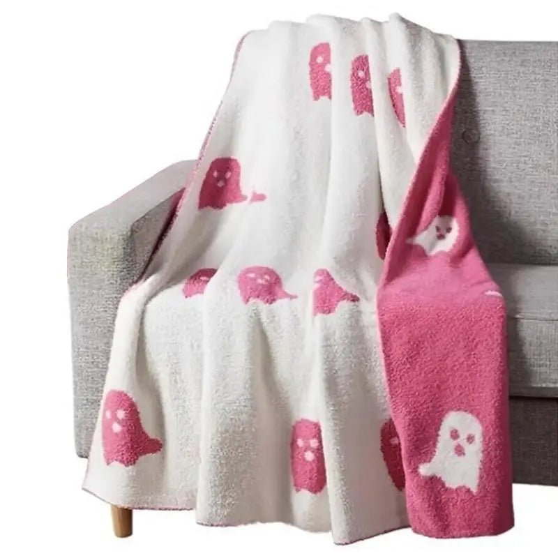 Double-Sided Pink Black Ghost Halloween Blanket Cozy Flannel Throw