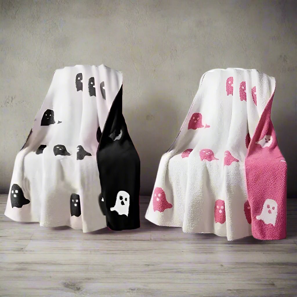 Double-Sided Pink Black Ghost Halloween Blanket Cozy Flannel Throw
