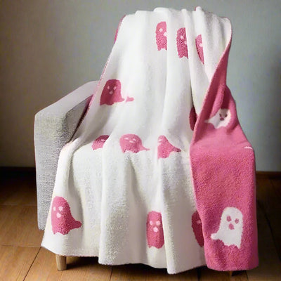 Double-Sided Pink Black Ghost Halloween Blanket Cozy Flannel Throw