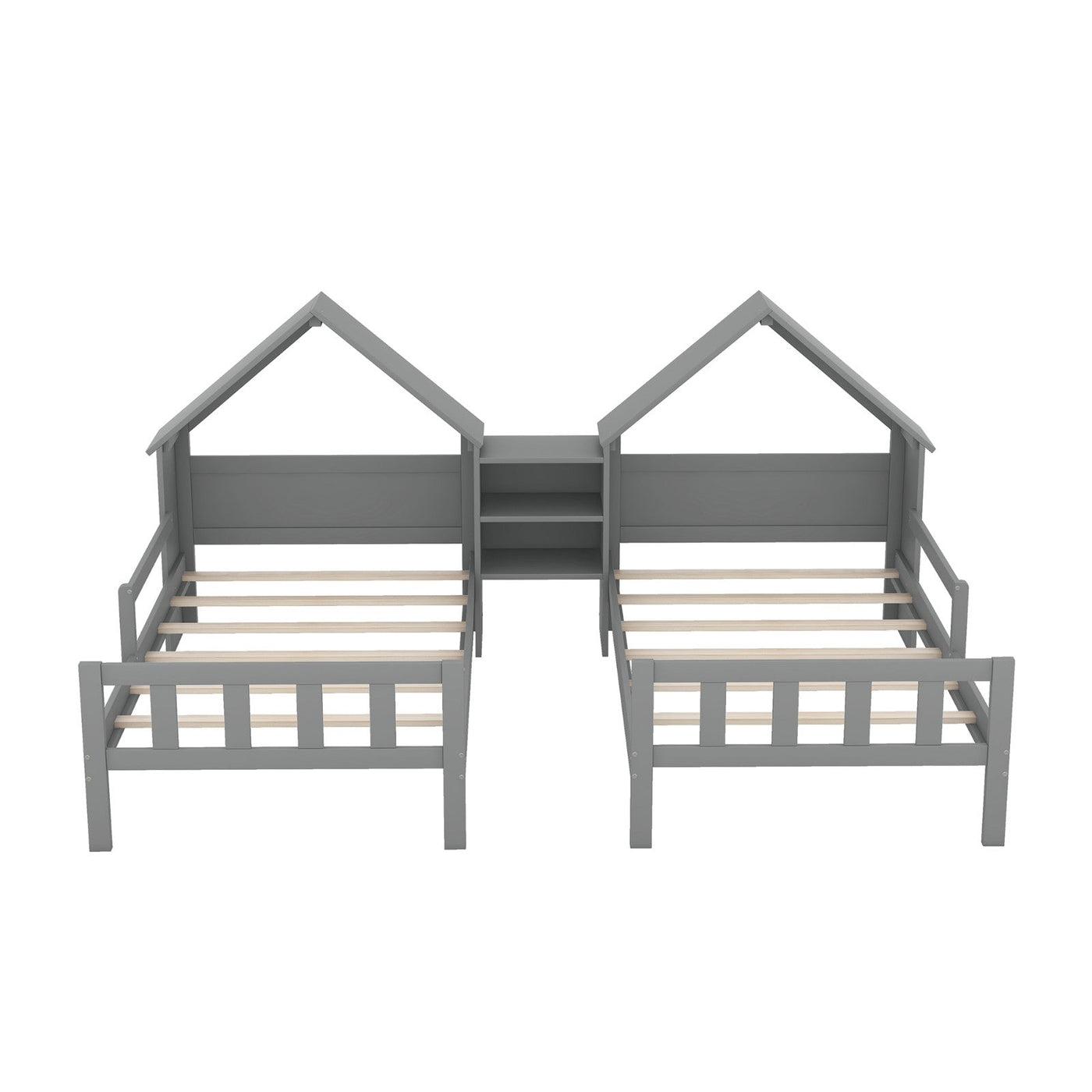 Double Twin Platform Bed With House Headboard And Nightstand