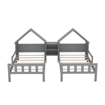 Double Twin Platform Bed With House Headboard And Nightstand