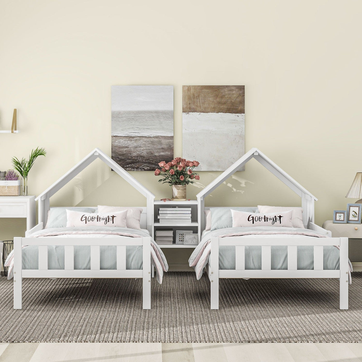 Double Twin Platform Bed With House Headboard And Nightstand