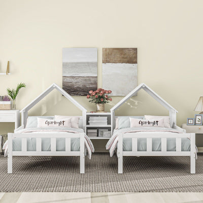 Double Twin Platform Bed With House Headboard And Nightstand