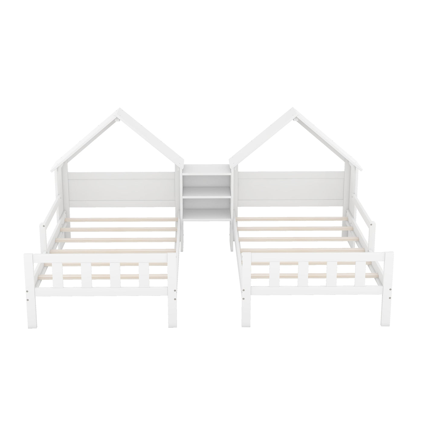 Double Twin Platform Bed With House Headboard And Nightstand