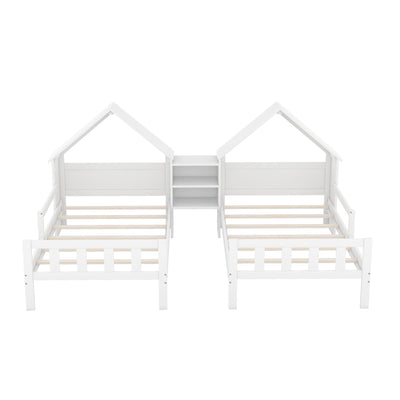Double Twin Platform Bed With House Headboard And Nightstand