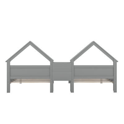 Double Twin Platform Bed With House Headboard And Nightstand