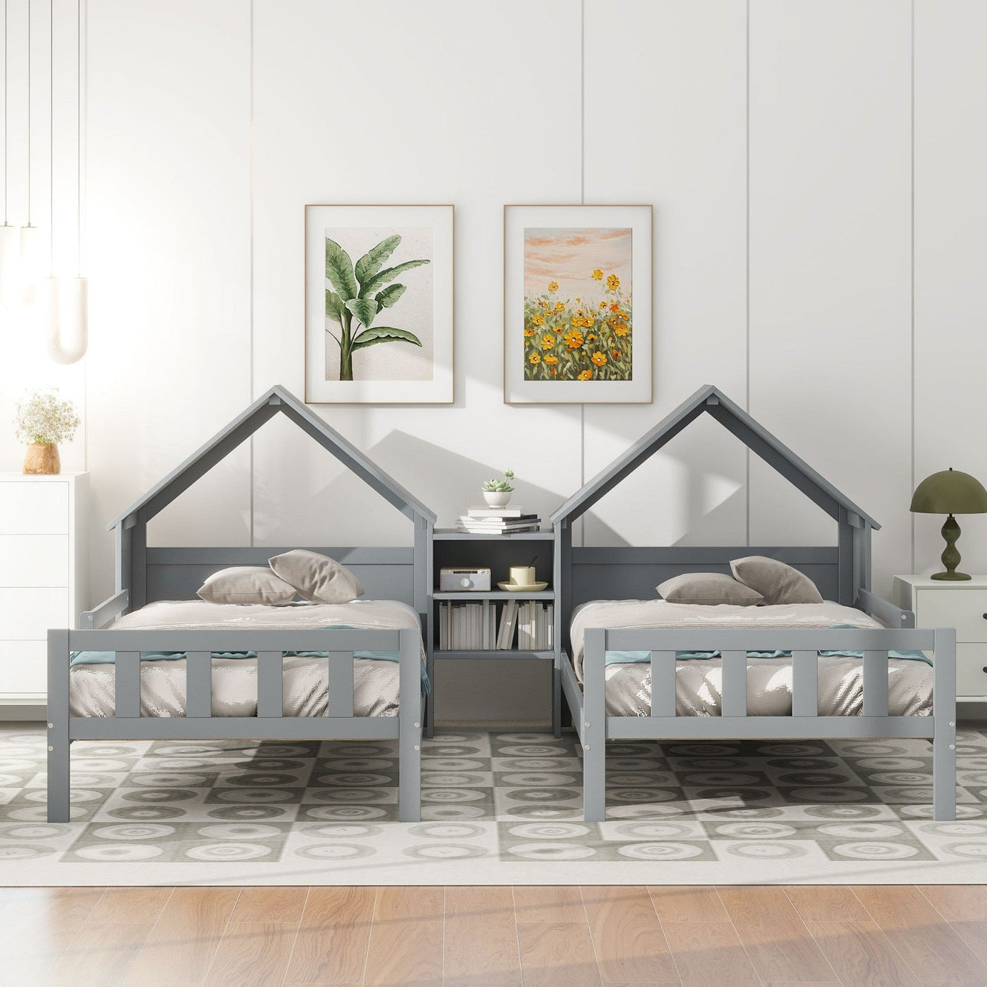 Double Twin Platform Bed With House Headboard And Nightstand